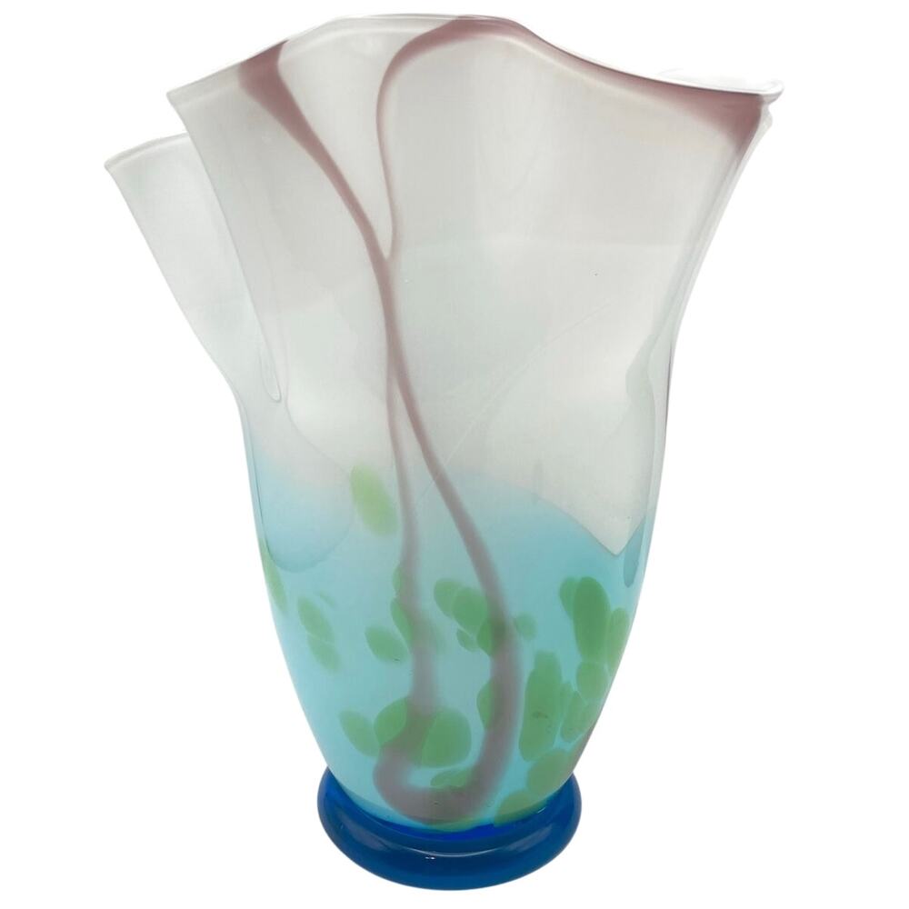 Handkerchief Ruffled Top Vase Hand Blown Art Glass 9" Tall  - MCM Style